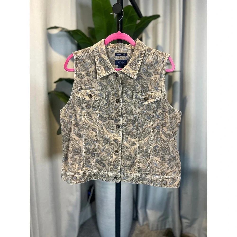 Crazy Horse Womens XL Paisley Corduroy Vest Blue Tan Stretch Button Front XL